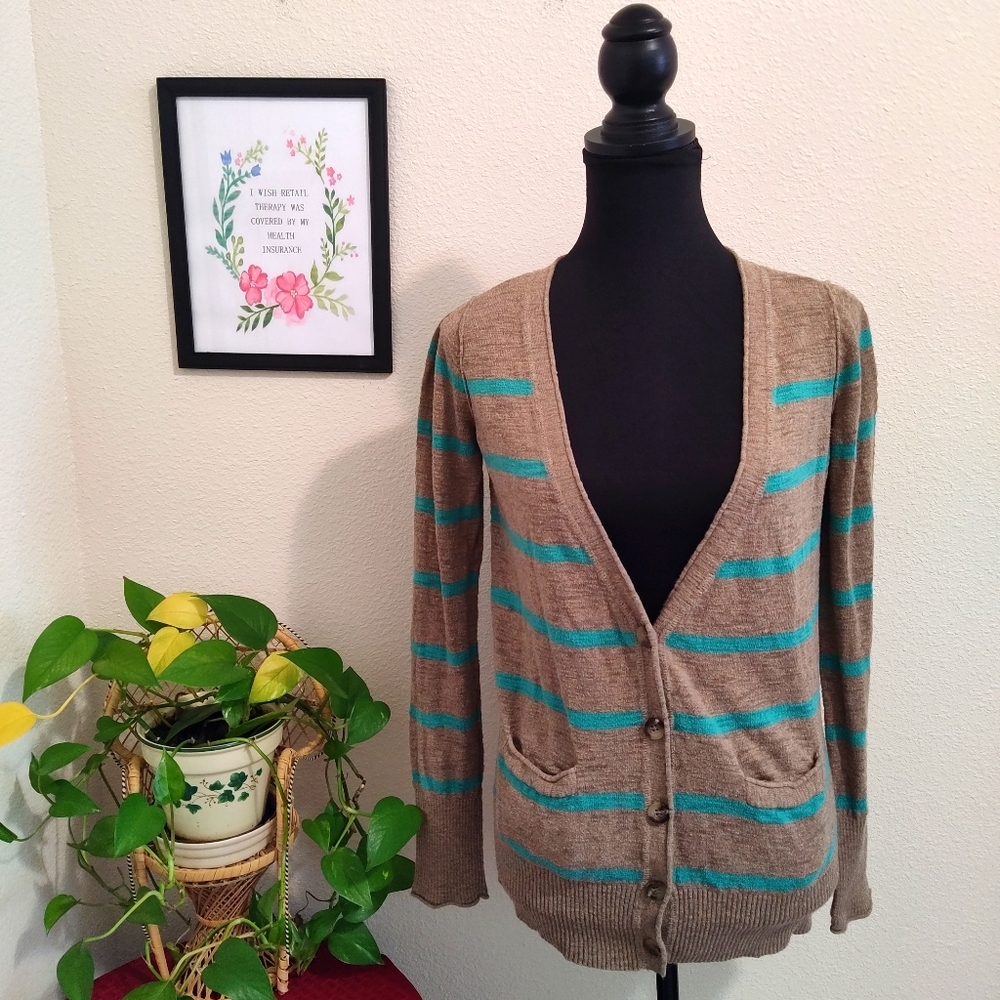 Mossimo 100% Cotton Cardigan Womens Medium Tan Turquoise Striped Sweater